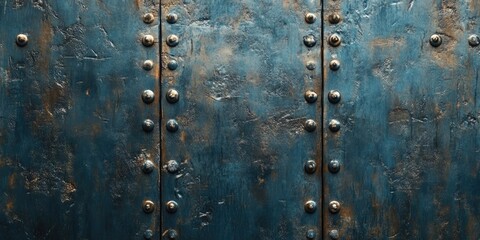 Rustic deep blue metallic backdrop with aged textures and golden rivets arranged vertically,...