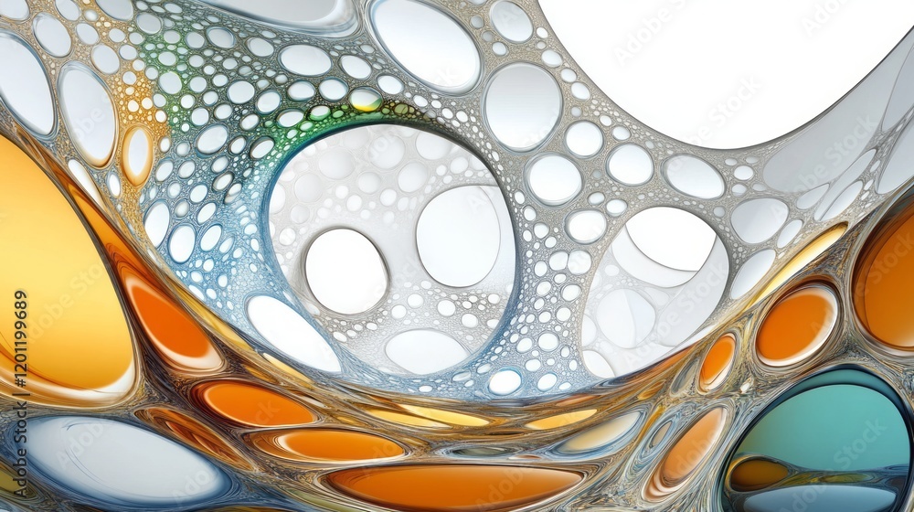 Poster shimmering colorful and white abstract glassy structure with numerous circular apertures