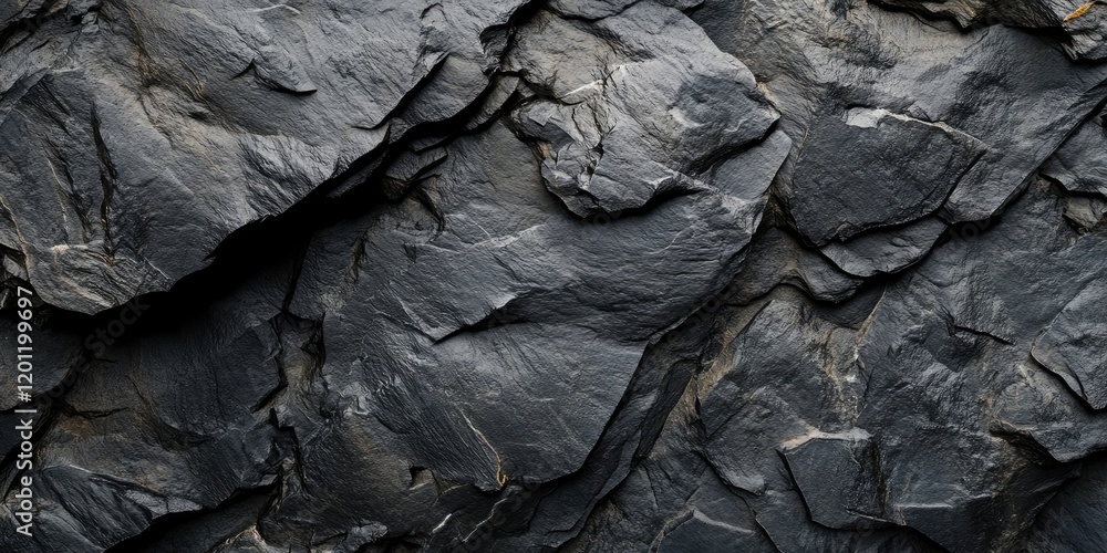 Poster dark textured stone surface with uneven layered rocks in shades of deep gray, creating a rugged and 