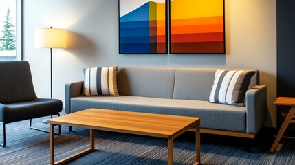 Modern lounge area featuring a sofa, coffee table, and abstract wall art.