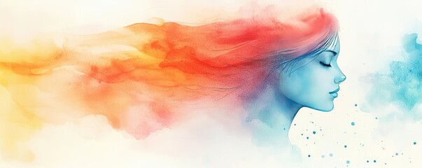 Glazed watercolor idea. A stylized portrait of a woman surrounded by colorful abstract shades of emotion.