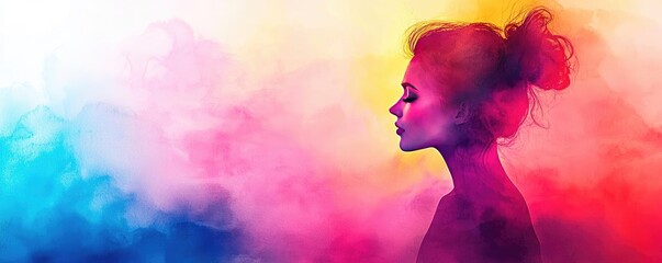 Glazed watercolor idea. A colorful silhouette of a woman surrounded by vibrant smoke, symbolizing creativity.