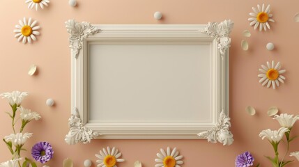 A blank white picture frame with wooden carved borders in the middle surrounded by daisies and...