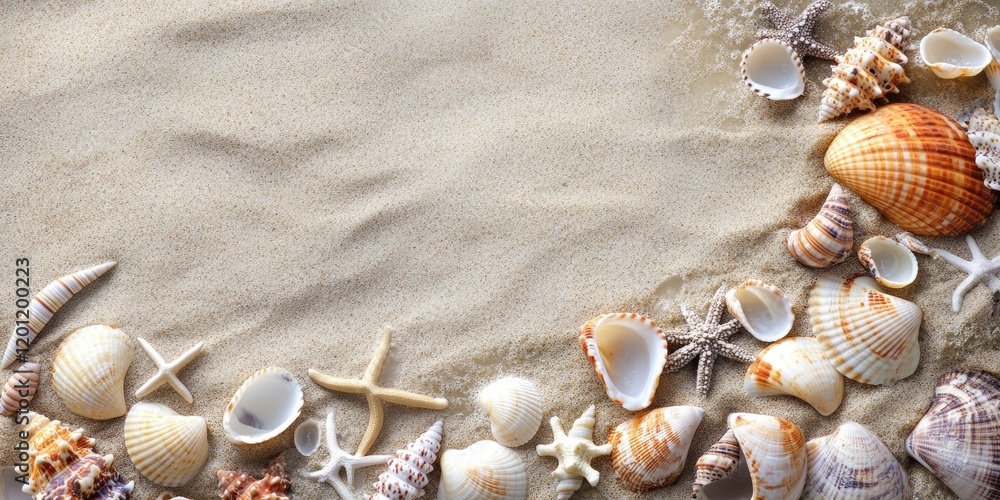 Aufkleber seashells and starfish scattered on sandy beach with soft golden tones and a textured background cre