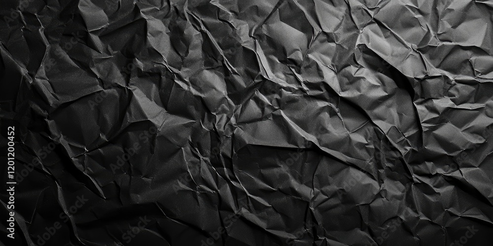 Poster textured abstract backdrop of deep black crumpled satin paper with uneven folds creating intricate s