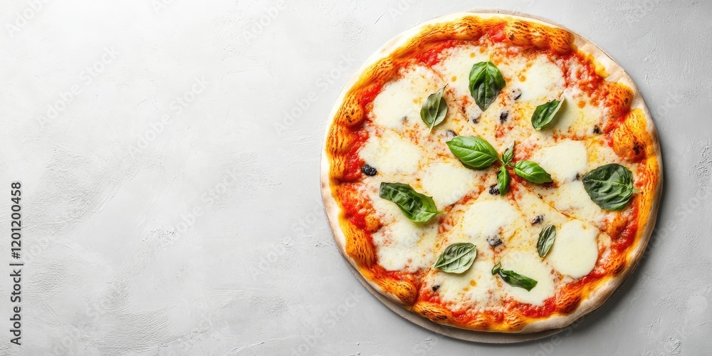 Poster delicious margherita pizza on a light grey table top view with ample space on the left for text feat