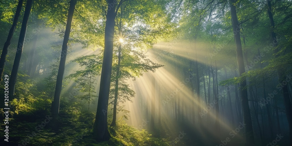 Poster sunlight beams illuminating a misty forest with dense green foliage and tall trees creating a serene