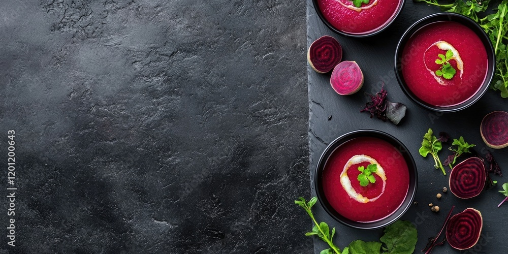 Poster beetroot soup in black bowls surrounded by fresh herbs on dark slate surface with ample negative spa
