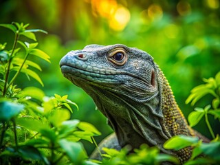 Obraz premium Komodo Dragon Stalking Prey in Lush Green Habitat - Minimalist Wildlife Photography