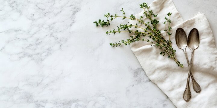 Elegant silver tablespoons resting on a textured white napkin with fresh thyme sprigs on a light marble background in soft neutral tones.