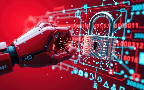A robotic hand reaches out to grasp a golden padlock, symbolizing the concept of cybersecurity and data protection in the digital age.