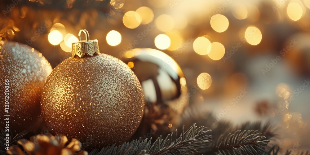 Aufkleber golden christmas ornaments on green pine branches with shimmering bokeh lights in warm tones creatin
