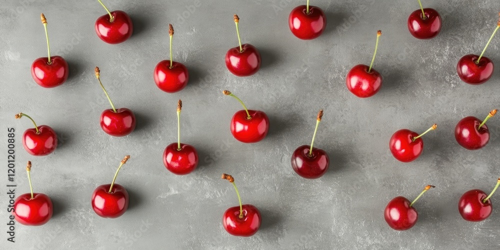 Poster vibrant red cherries with stems scattered artistically on a textured grey background in a dynamic to