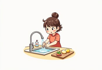 Fototapeta premium 手を洗う女の子のシンプルなフラットスタイルイラスト：Q版漫画スタイルの可愛い子供キャラクター、明るく彩度の高い色彩、高精細、高詳細、石鹸、水、白い背景、児童書のような雰囲気