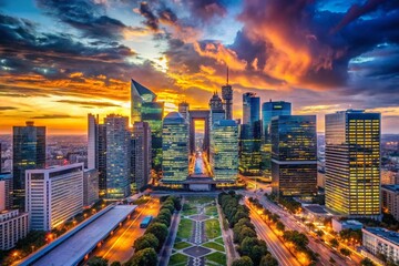 Fototapeta premium La Défense Paris Business District Dusk Skyline, Modern Architecture, Cityscape, France