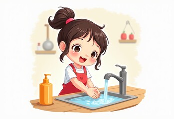 Adorable Girl Washing Hands: A Simple Flat-Style Illustration of a Cute Kid in a Kitchen, High-Resolution Cartoon Character in Q-Version Manga Style, Bright, Saturated Colors, Detailed,