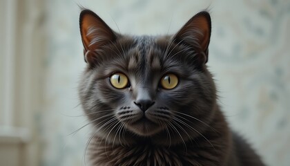 Obraz premium Close-up portrait of a beautiful gray cat with bright yellow eyes, intently gazing directly at the camera, showcasing its stunning fur and whiskers.