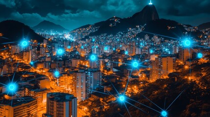 Rio de Janeiro Cityscape with Digital Network Connections and Sugarloaf Mountain at Night
