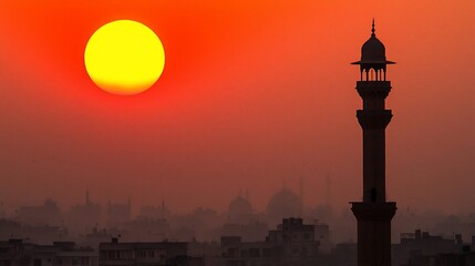 Silhouette of a minaret against a vibrant sunset over a hazy city.