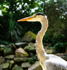 Close-up of a grey heron, a large bird with a long beak and grey plumage that lives by the water, Ardea cinerea, Ardeinae