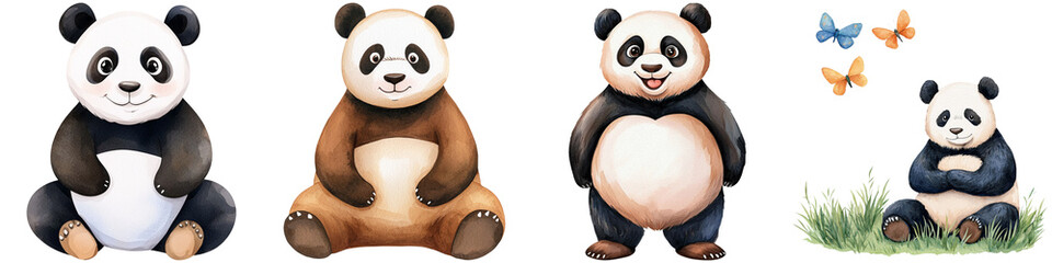 Fototapeta premium Thai cartoon kids and funny concept, A series of cartoon pandas displaying different expressions and poses, showcasing their playful and adorable nature.