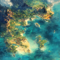 Oceanic realm theme, map of a water-based world with coral reefs, Imaginary continent with diverse landscapes and vibrant ocean waters
