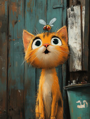 Orange cat with large eyes curiously gazing at a fly sitting on its head