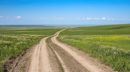 Naklejka premium A pipeline running through a field, stretching to the horizon with a clear blue sky overhead