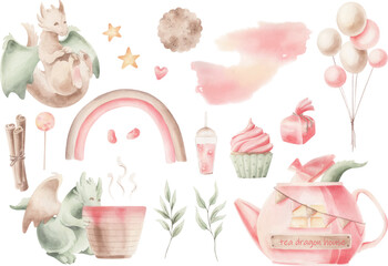 Watercolor set with vector cute dragon and tea kettle and sweets.