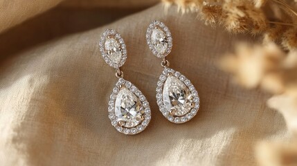Back view of diamond drop earrings, elegantly displayed on a soft beige linen cloth for a rustic vibe.