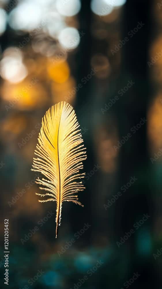 Poster floating golden feather captures warmth of autumn in a tranquil forest setting