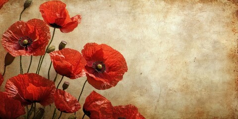 Textured vintage paper background with vibrant red poppies on the left side against a warm beige backdrop creating an elegant floral composition.