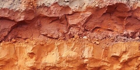 Obraz premium Layers of red clay wall in a large clay pit showcasing vibrant reds and oranges with a textured surface and horizontal strata details.
