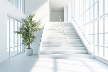 Fototapeta premium Modern white staircase, plant, sunlight, glass walls, office design.