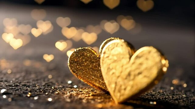 Beautiful golden hearts on a dark bokeh background. Selective focus.
