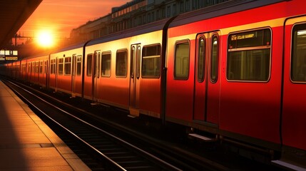 Naklejka premium A sunset view of red train cars at a station, highlighting urban transport and evening ambiance.
