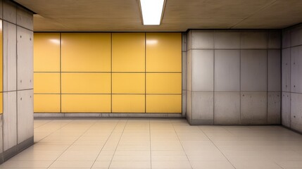 A minimalist interior space with yellow walls and concrete elements.