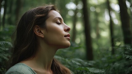 Profile of a relaxed woman breathing fresh air in a green forest