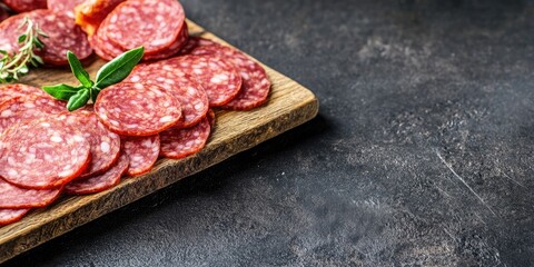 Thinly sliced salami presented on a rustic wooden board with green herbs in the background against a dark textured surface with ample copy space