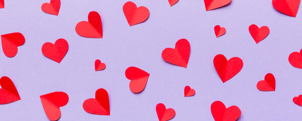 Valentine day background with red hearts, top view with copy space