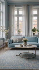 Cozy Scandinavian Living Room with Soft Pastel Blue Sofa Fluffy Couch and Relaxing Minimalist Interior Interior Design Inspiration