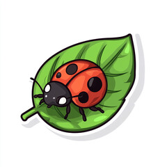 Obraz premium A cute, cartoon-style ladybug with a red shell and black spots sitting on a green leaf. The ladybug has a smiling face with rosy cheeks and antennae