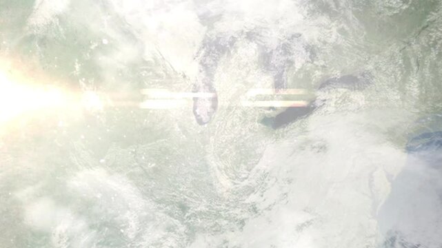 Earth zoom in from space and focus on Elkhart, Indiana, USA. Background for travel intro or blog. Satellite view. 3D style Animation. Images from NASA.