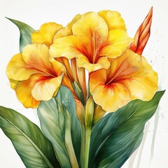Fototapeta premium Vibrant Yellow Canna Lilies Botanical Watercolor Painting Detailed Floral Illustration