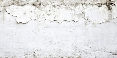 Obraz premium Textured white cement wall with cracks and dirt, ample negative space for text, featuring chipped paint and weathered surface details.