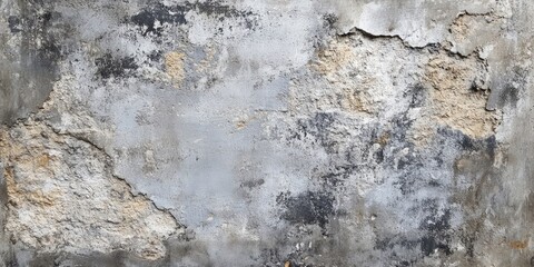 Abstract textured gray wall with aged plastered concrete showing smeared appearance and weathered patches in shades of gray and beige.