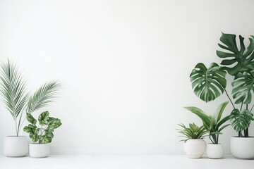 Obraz premium A minimalist botanical wallpaper featuring hand-sketched monstera and palm leaves on a clean white backdrop.