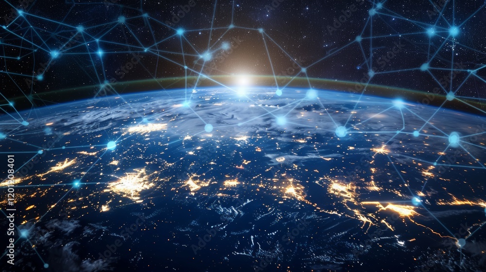 Fototapete planet with a network of lines connecting it to other planets. connections system and global datas e