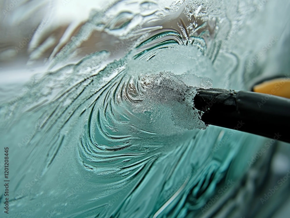 Poster ice scraper clears icy patterned window in close up.