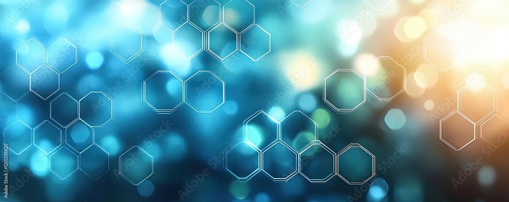 Poster hexagonal watercolor concept. abstract hexagonal background with blue and orange bokeh lights for cr
